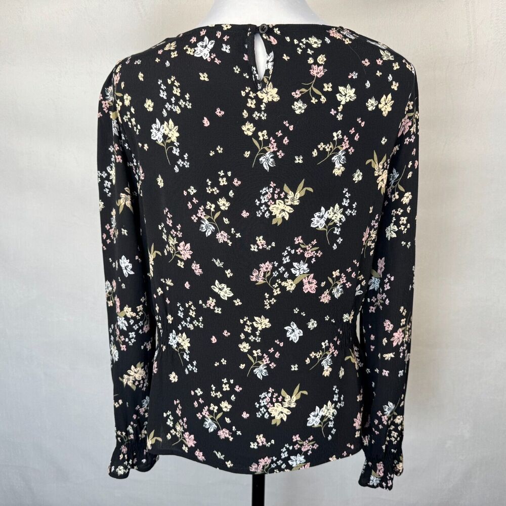 Elodie Women Top Sz L Black Floral Round Neck Keyhole Ruched Sides Ruffle Sleeve