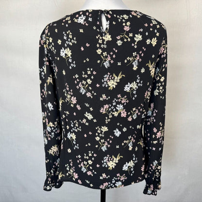 Elodie Women Top Sz L Black Floral Round Neck Keyhole Ruched Sides Ruffle Sleeve