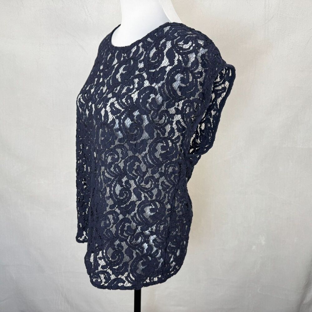 Loft Women Sz L Navy Lace Crochet Round Neck Cap Sleeve