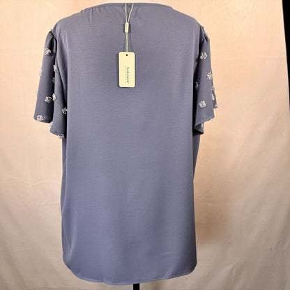 Aokosor Blouse Sz 2XL Light Blue VNeck front pleat Swiss Dot PomPom Short Sleeve