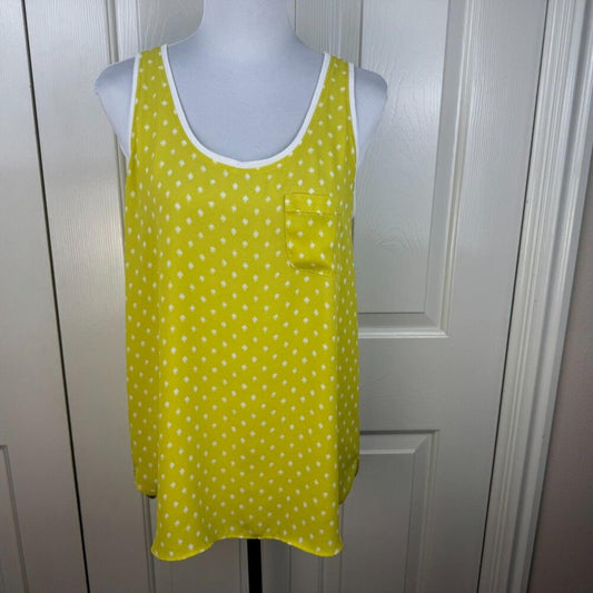 LOFT Women Sheer Top Sz S Yellow and White Polka Dots Sleeveless Knit Trim