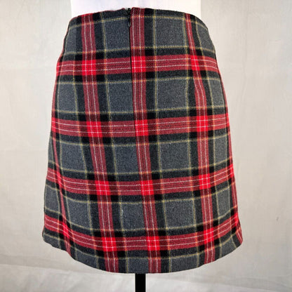 H&M Skirt Sz 4 Plaid Faux Wrap Red Gray Black Plaid Skirt A-Line