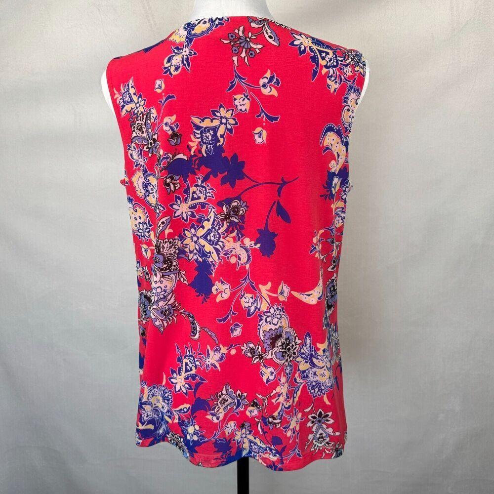 Dana Buchman Top Sz M Floral Red Faux Wrap Bubble Front Hem VNeck Sleeveless