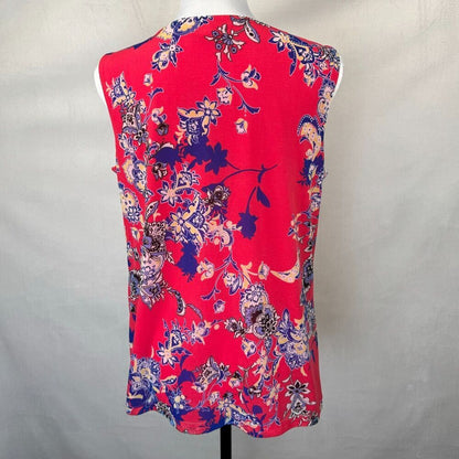 Dana Buchman Top Sz M Floral Red Faux Wrap Bubble Front Hem VNeck Sleeveless