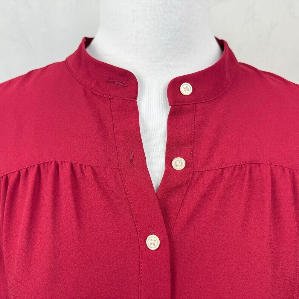 LOFT Women Top Sz S Burgundy Collarless Button Down Shirt Long Cuffed Sleeve