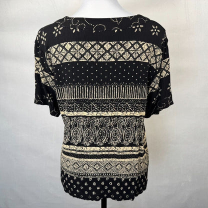 Draper’s & Damon’s Women Shirt Sz M Black Tan Round Neck Short Sleeve Rayon