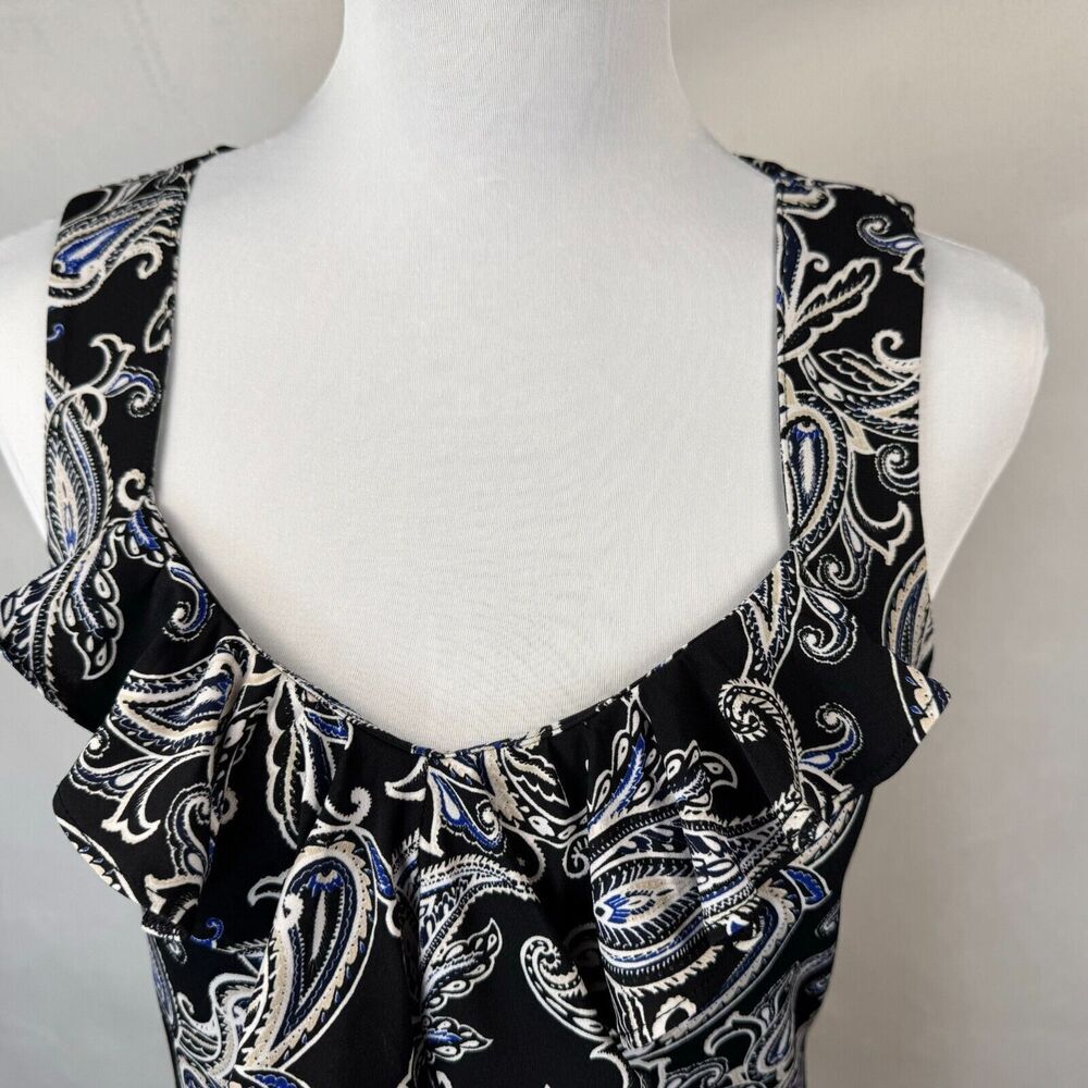 White House Black Market Tank Top Sz S Black Paisley Print Ruffle Scoop Neck