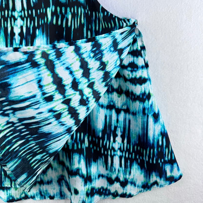 Decree Blouse Women Sz L 2 layers Blue Black Teal and White tie die halter