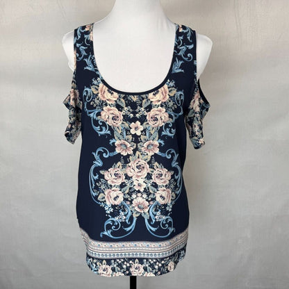 Meraki Blouse Sz M Navy Floral Print Scoop Neckline Cold Shoulder Back Keyhole