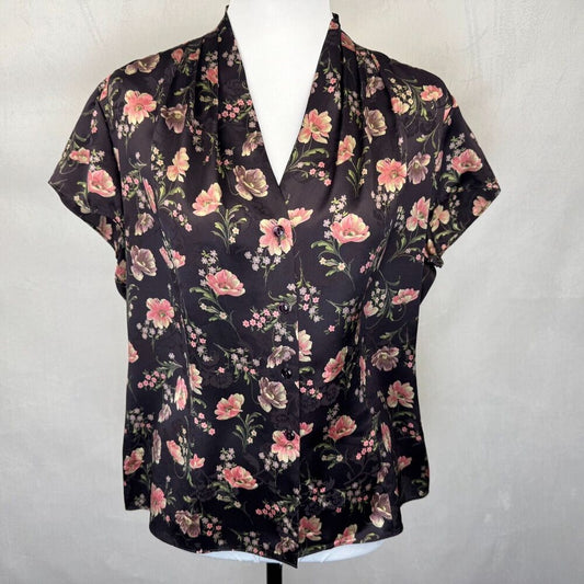 Jones New York Sz 14 Silk Top Brown Floral VNeck Pleated Button Up Cap Sleeve