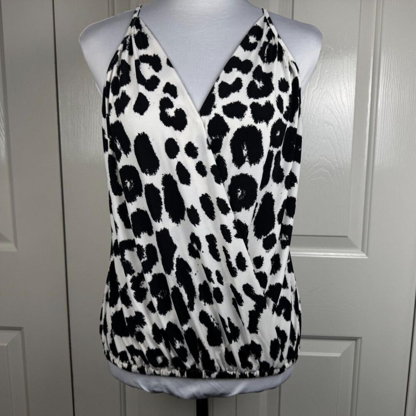 Express Women Halter Top Sz S Black Animal Print Faux Wrap VNeck Sleeveless
