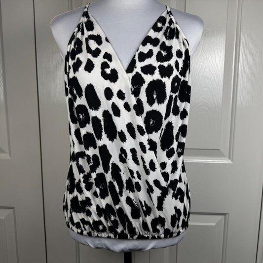 Express Women Halter Top Sz S Black Animal Print Faux Wrap VNeck Sleeveless