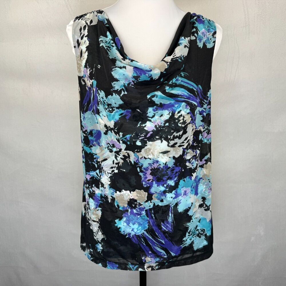 212 Collection Women Top Sz L Sleeveless Drape Neck Black Multicolor Print