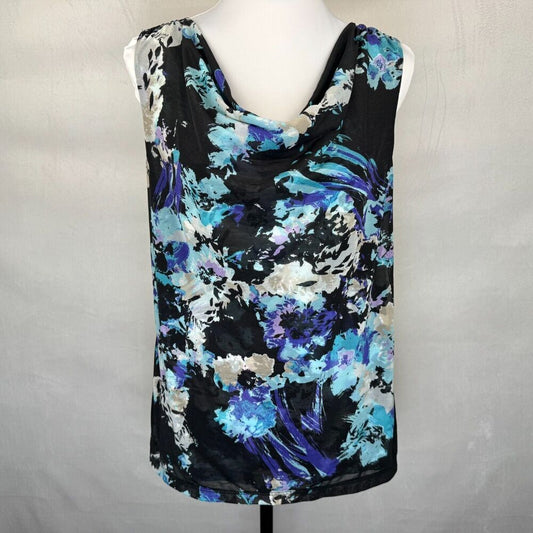 212 Collection Women Top Sz L Sleeveless Drape Neck Black Multicolor Print