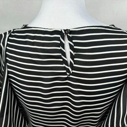 Elle Top Sz XS Flutter Sleeve Black White Stripes Round Neck Keyhole Side Slits