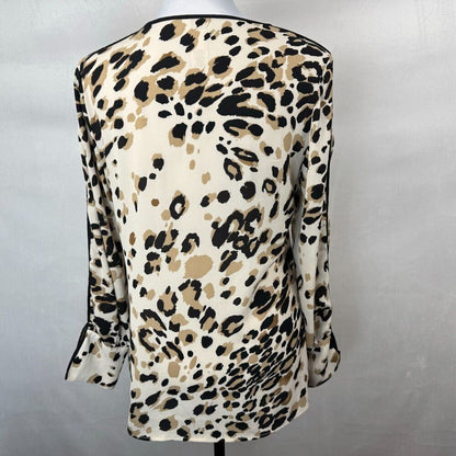 Chico’s Blouse Sz 00 Cheetah Print V Neck Long Split Black Trim Sleeve