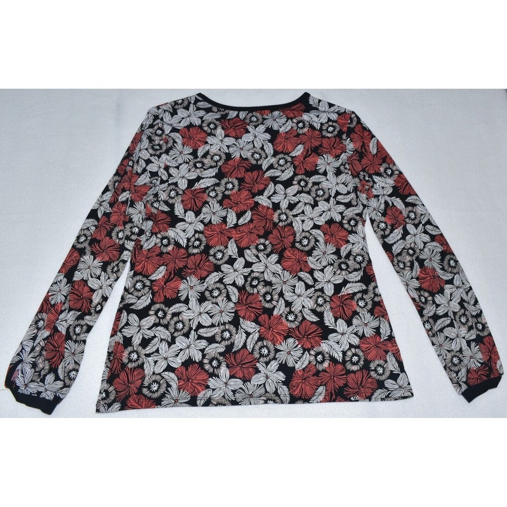 Liz Claiborne Career Blouse Sz S Black Floral Rust White Print front keyhole