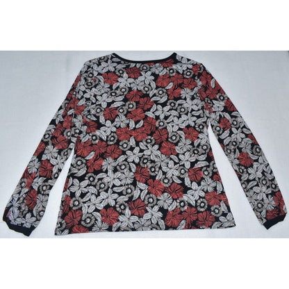 Liz Claiborne Career Blouse Sz S Black Floral Rust White Print front keyhole