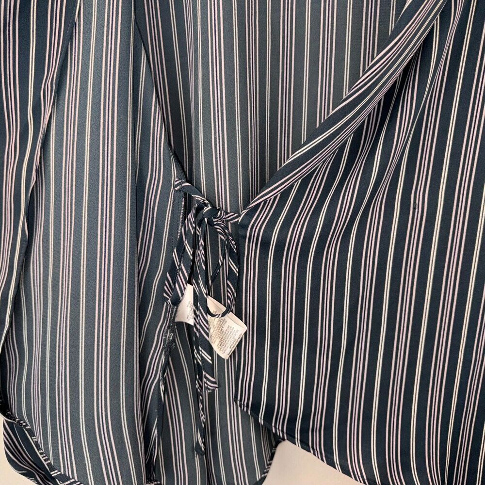 BCBG MaxAzria Blouse Sz S Midnight Teal Asymmetrical Wrap White Pink Stripes NWOT