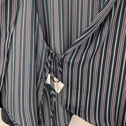 BCBG MaxAzria Blouse Sz S Midnight Teal Asymmetrical Wrap White Pink Stripes NWOT