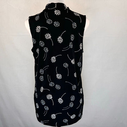 Banana Republic Blouse Sz S Black White Flowers V-Neck Tie Front Sleeveless