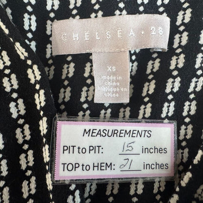 Chelsea 28 Women Sz XS Top Black Geo Ivory Print Peplum Surplice VNeck Faux Wrap