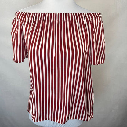 H&M Women’s Sz 0 Maroon White Striped Off Shoulder Short Sleeve Top