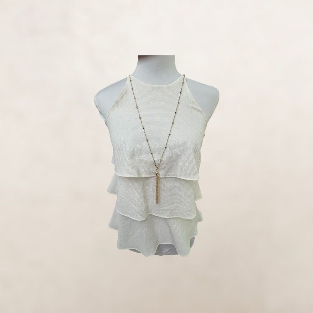 BCX Women Top Sz XXS NWT Halter Ivory Tiered Tank Golden necklace included