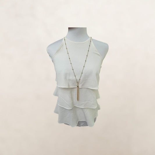 BCX Women Top Sz XXS NWT Halter Ivory Tiered Tank Golden necklace included