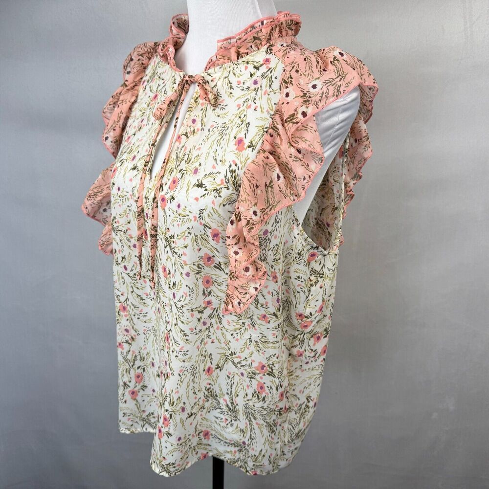 Studio B By Bobeau Sz L Floral Ruffle Sleeves Semi Sheer Tie Neckline
