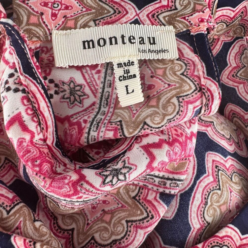 Monteau Ladies Blouse Sz L Navy Pink Patterned Halter Neck Sleeveless