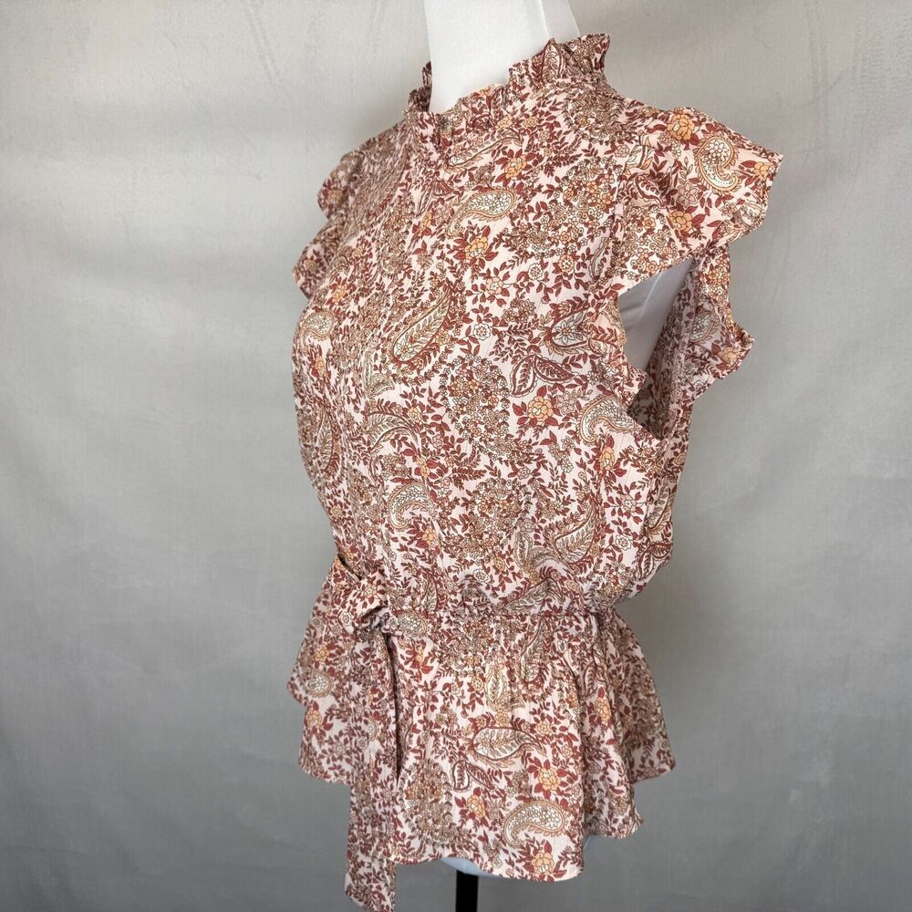 Alice Blue Women Sz M Floral Top Ruffle Crew Neck Cap Sleeves Elastic Waist