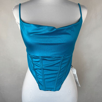 ASOS Luxe Women Sz 4 Turquoise Satin Bustier Cowl Neck Spaghetti Straps
