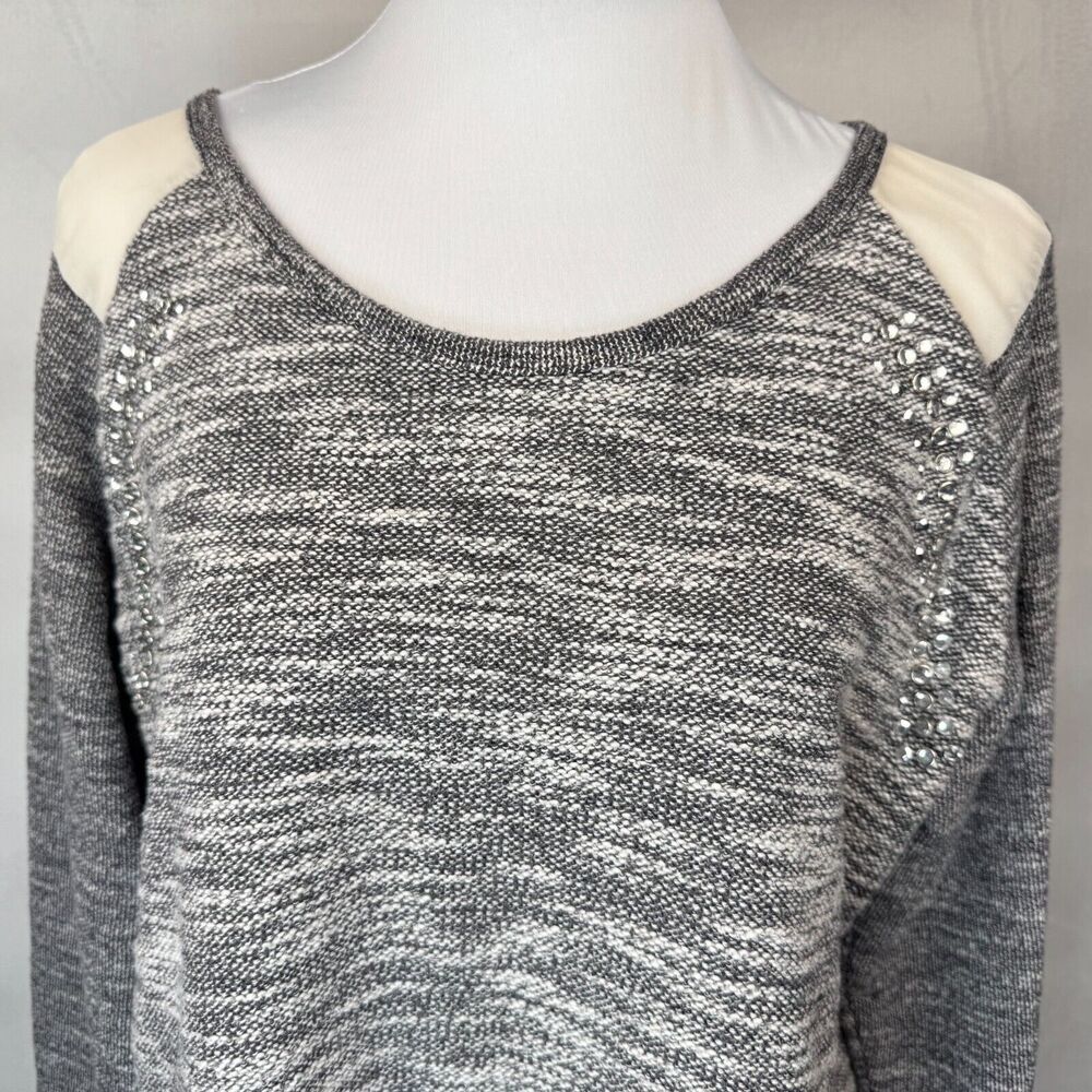 FRESH Women Knit Top Sz L Gray Sparkling Beads Boat Neckline Long Sleeve