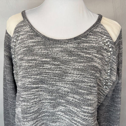 FRESH Women Knit Top Sz L Gray Sparkling Beads Boat Neckline Long Sleeve