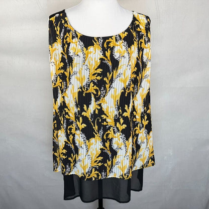 DG2 Diane Gilman Top Sz 1X Black Yellow Print Front Pleated Layered Sleeveless
