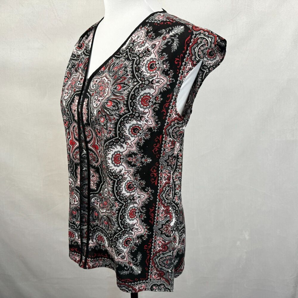 Talbots Blouse Sz XS V-Neck Cap Sleeve Red & Black Paisley Print Side Slits