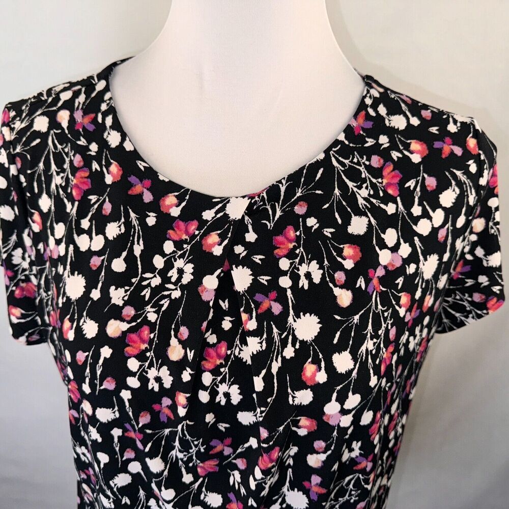 Liz Claiborne Career Top Sz S Floral boat neck cap sleeves back Keyhole