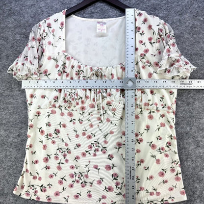 NOBO Cream top pink flowers princess style short sleeve U-Shape neck Size XL Jrs