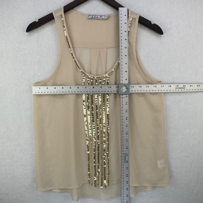 Camiseta sin mangas Chloe K para mujer, talla S, cuello redondo transparente, sin mangas, con lentejuelas color crema y dorado