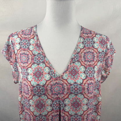 DR2 Ladies Sz S Multicolor Blouse Cap Sleeve VNeck Flowy Career Work