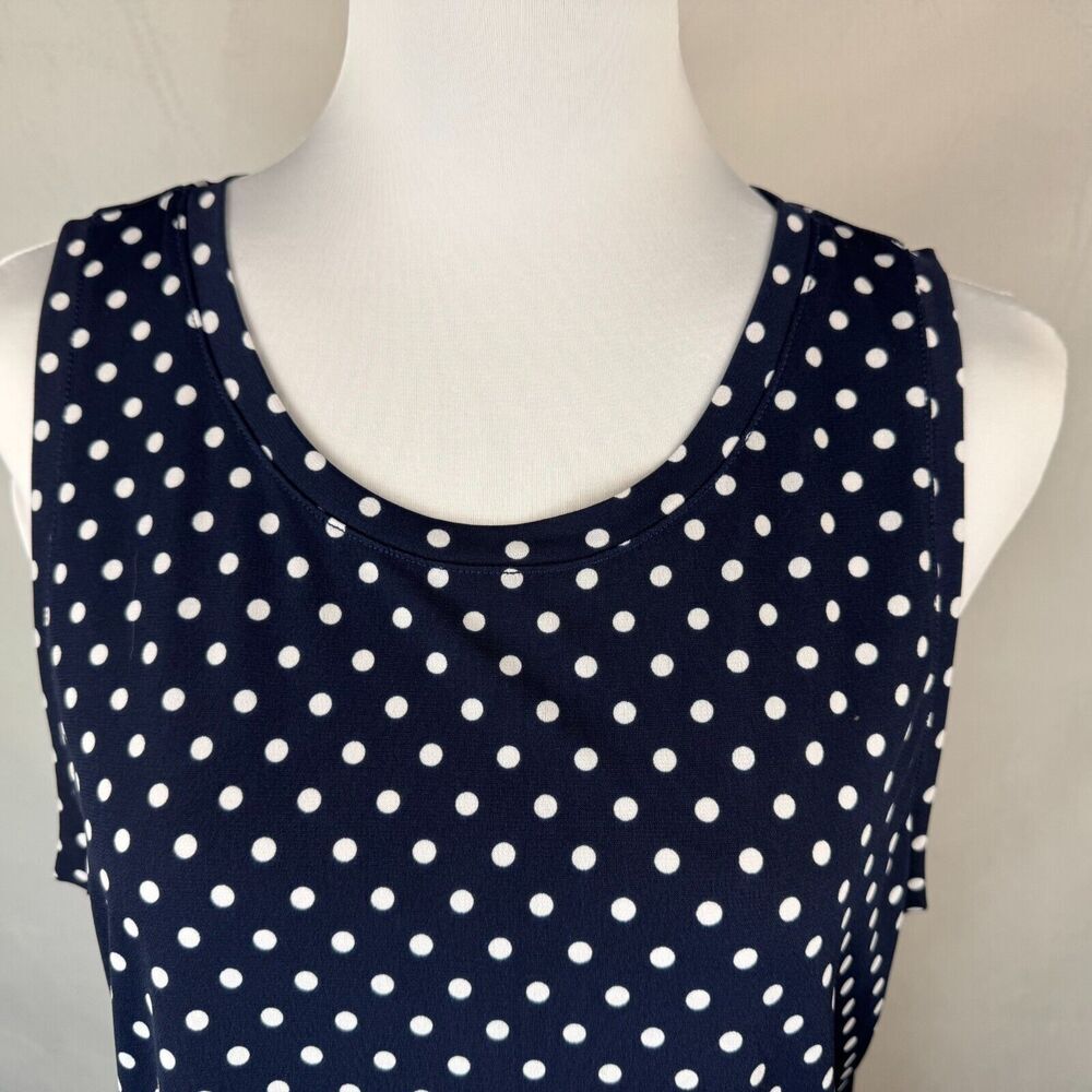 Chaus New York Sz  L Top Navy Polka Dots Scoop Neckline Sleeveless Back Slits