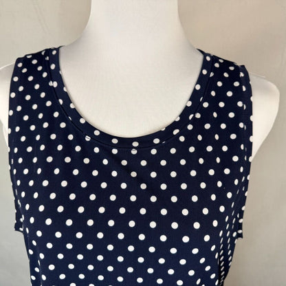 Chaus New York Sz  L Top Navy Polka Dots Scoop Neckline Sleeveless Back Slits