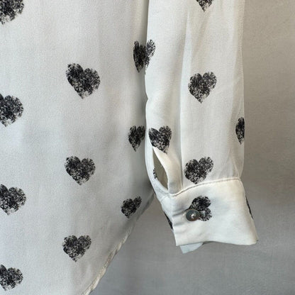 Rose & Olive Blouse Sz L White Black Hearts Button Down Cuffed Long Sleeves