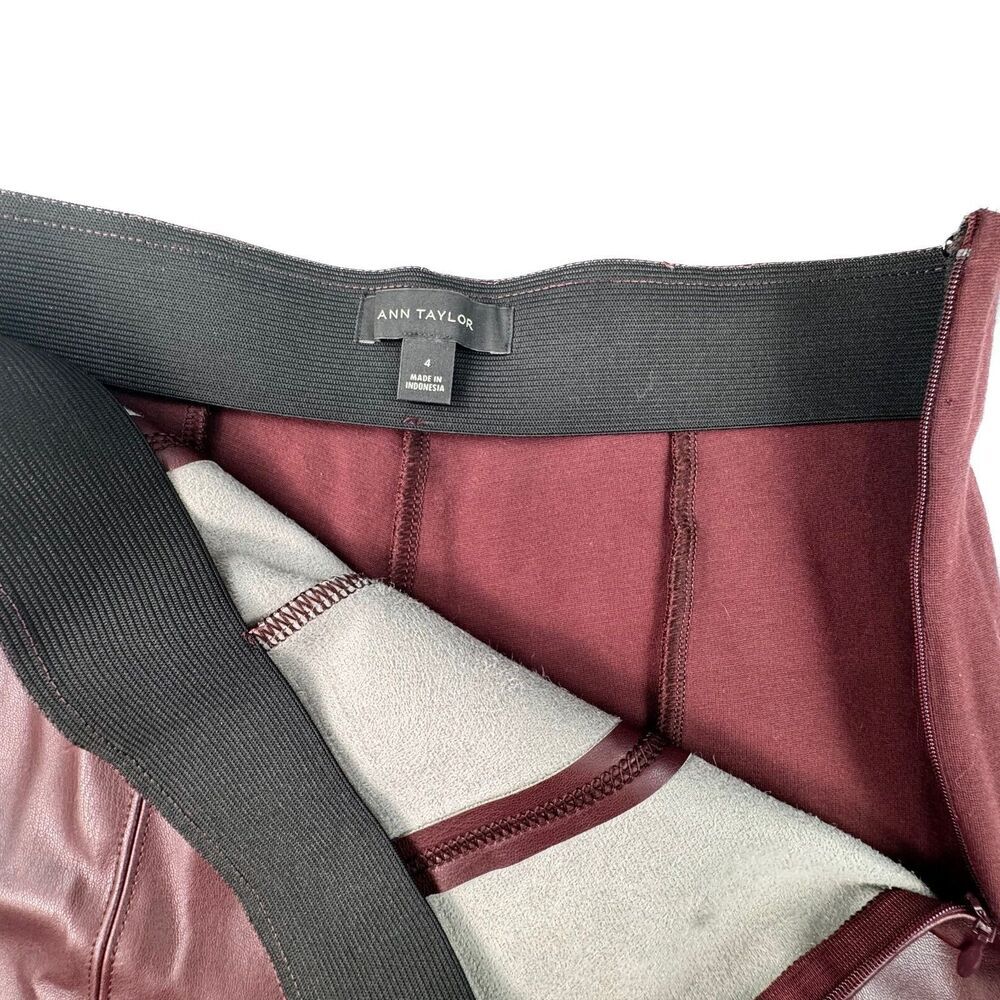 ANN TAYLOR Pant Sz 4 Burgundy Pant Front Panel Faux Leather Side zip