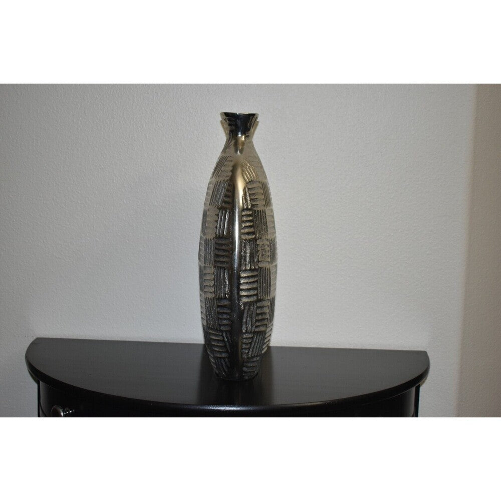 Geometric Textured Oval Metal Vase Silver Gray 15" Modern Home Decor Made in India