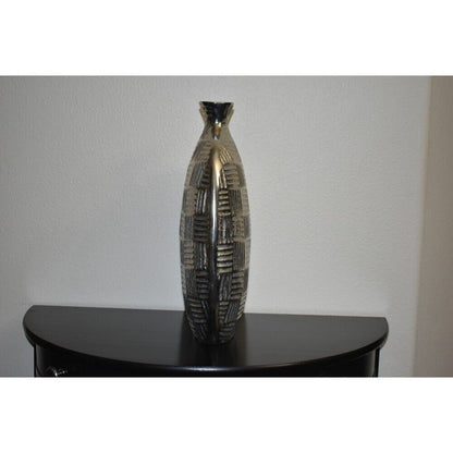 Geometric Textured Oval Metal Vase Silver Gray 15" Modern Home Decor Made in India