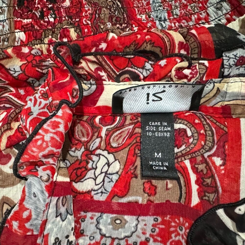 Iz Byer Blouse Sz M Black Multicolor Split Buttoned Neck Short Sleeve with Cami