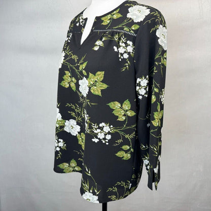 Fever Blouse Sz S Black Green White Floral Print VNeck Ladder Trim 3/4 Sleeves