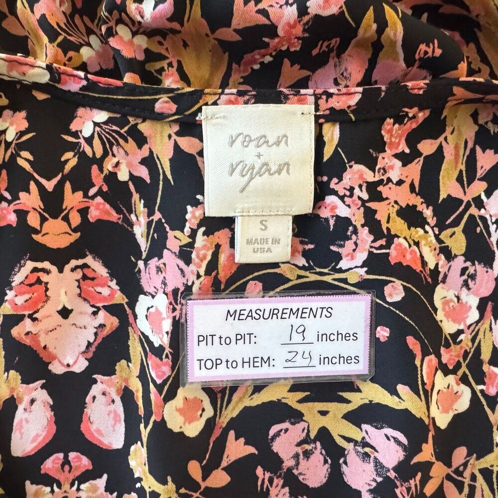 Roan Ryan Blouse Sz S Black Floral VNeck Sleeveless Elastic Waistline